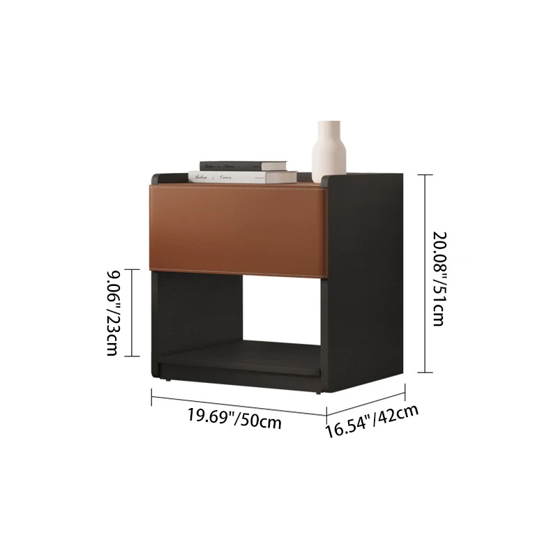 Modern Minimalist Saddle-Style Faux Leather & Plank Square Nightstand With Wireless Charging & 1-Drawer For Bedroom