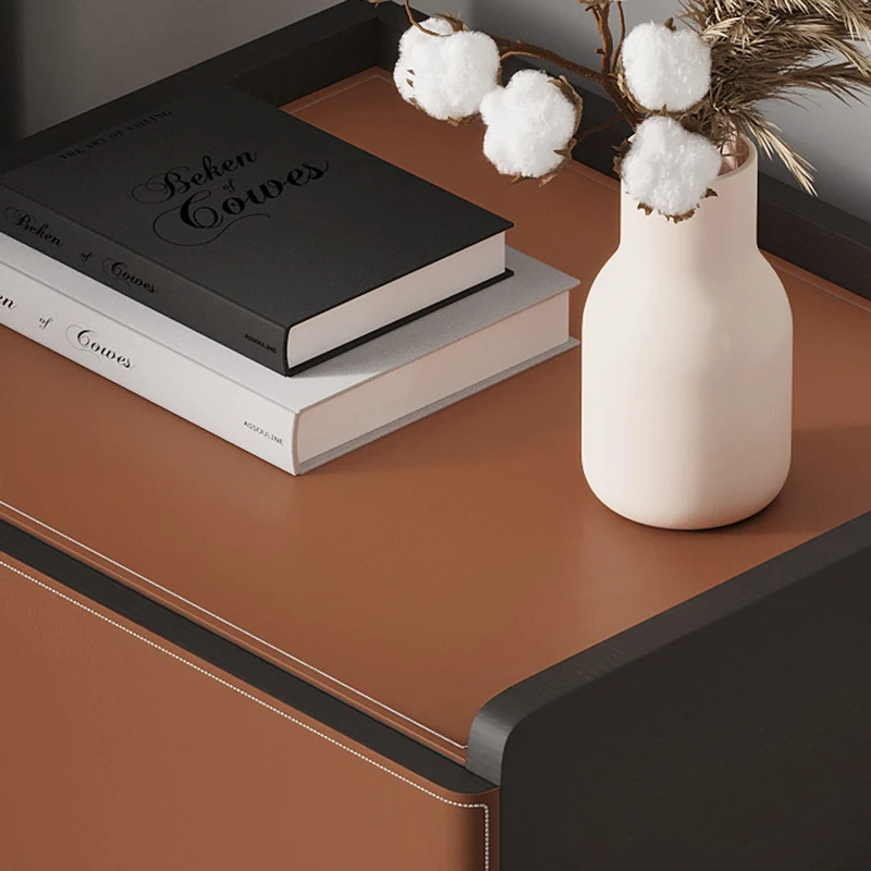 Modern Minimalist Saddle-Style Faux Leather & Plank Square Nightstand With Wireless Charging & 1-Drawer For Bedroom
