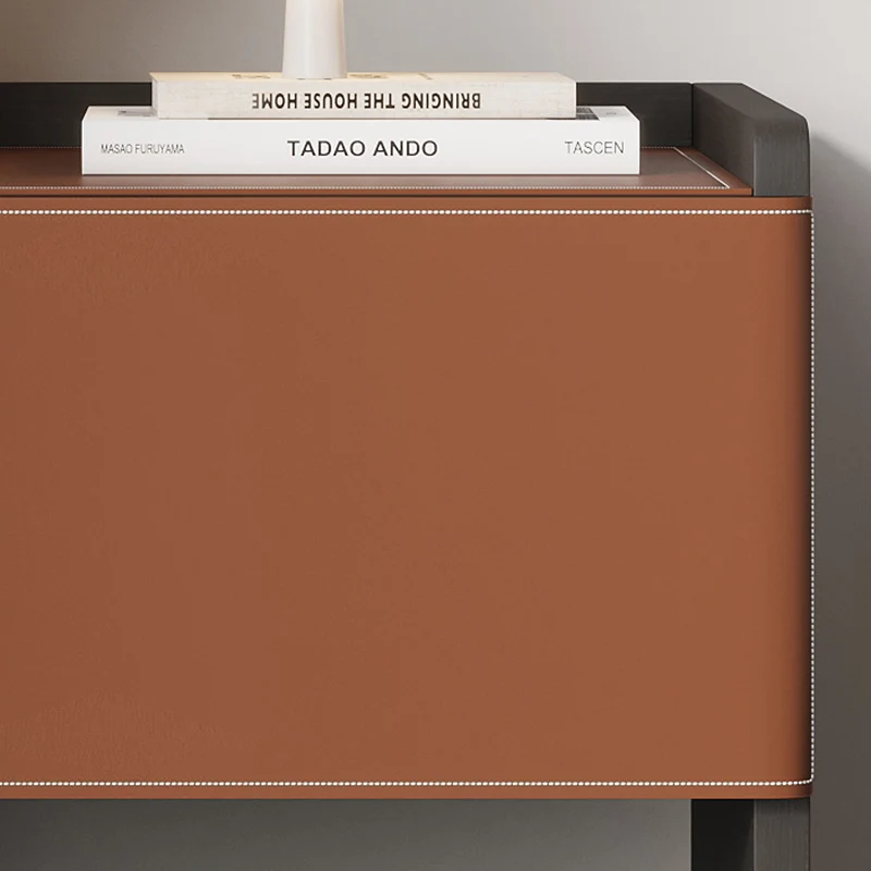 Modern Minimalist Saddle-Style Faux Leather & Plank Square Nightstand With Wireless Charging & 1-Drawer For Bedroom