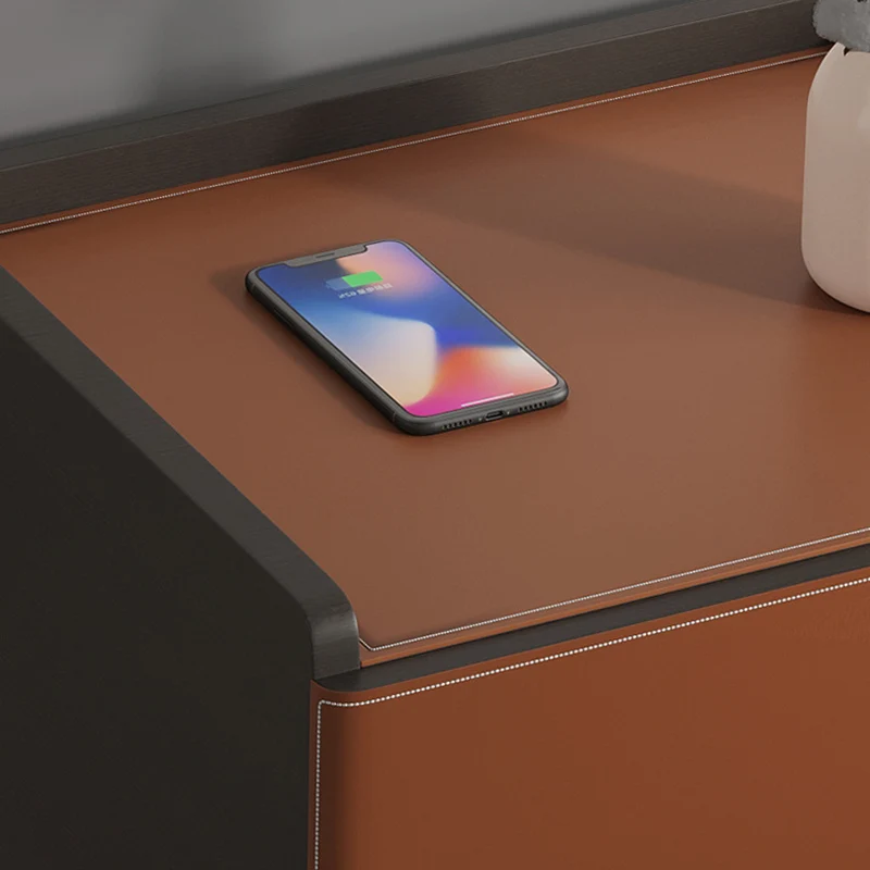 Modern Minimalist Saddle-Style Faux Leather & Plank Square Nightstand With Wireless Charging & 1-Drawer For Bedroom
