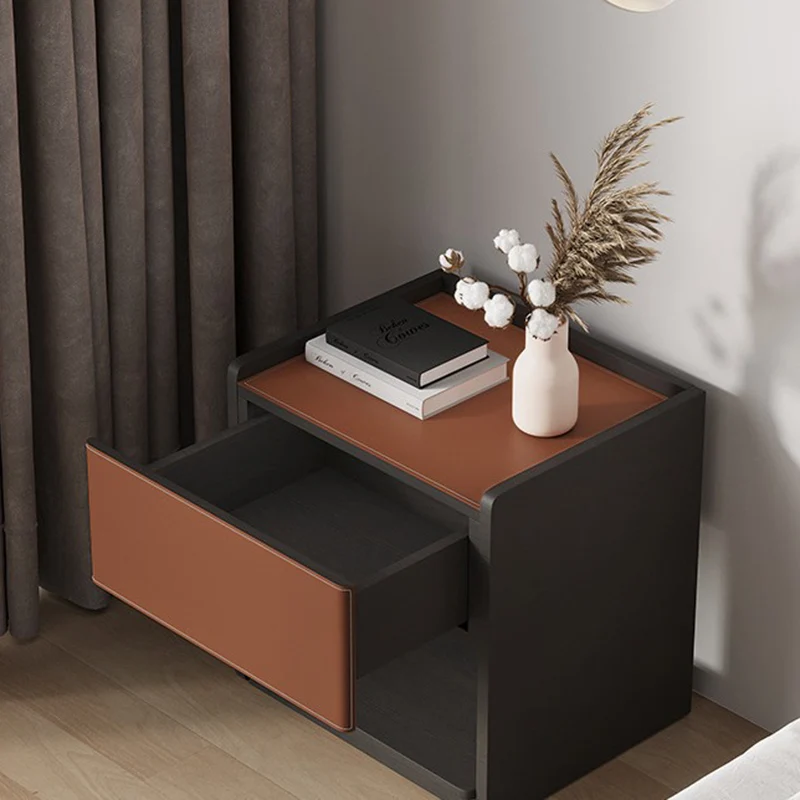 Modern Minimalist Saddle-Style Faux Leather & Plank Square Nightstand With Wireless Charging & 1-Drawer For Bedroom