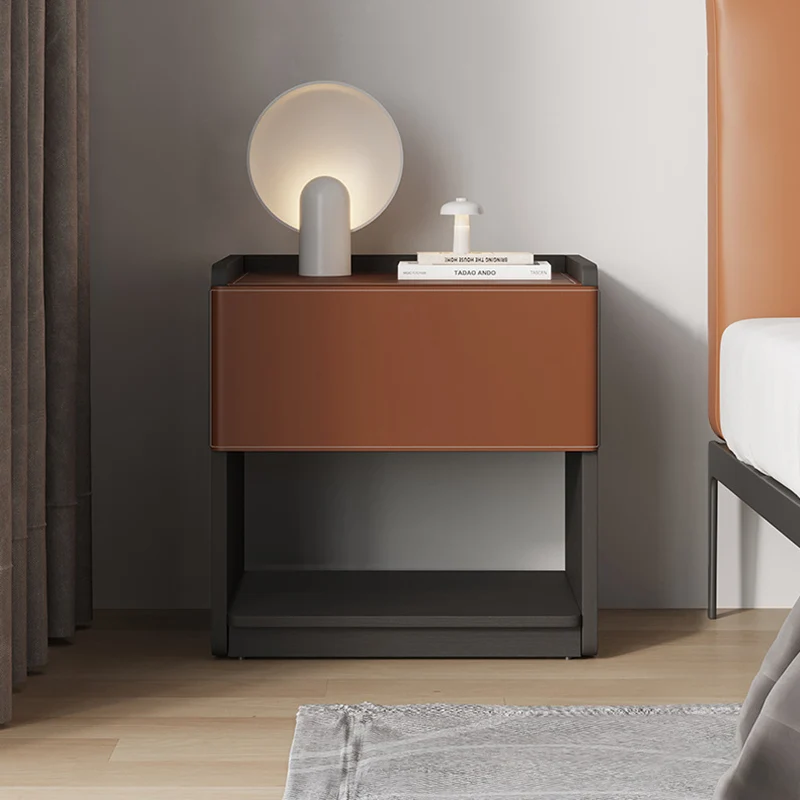 Modern Minimalist Saddle-Style Faux Leather & Plank Square Nightstand With Wireless Charging & 1-Drawer For Bedroom