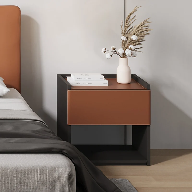 Modern Minimalist Saddle-Style Faux Leather & Plank Square Nightstand With Wireless Charging & 1-Drawer For Bedroom