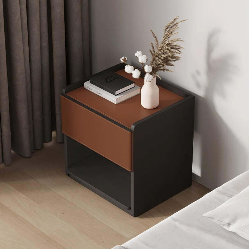 Modern Minimalist Saddle-Style Faux Leather & Plank Square Nightstand With Wireless Charging & 1-Drawer For Bedroom