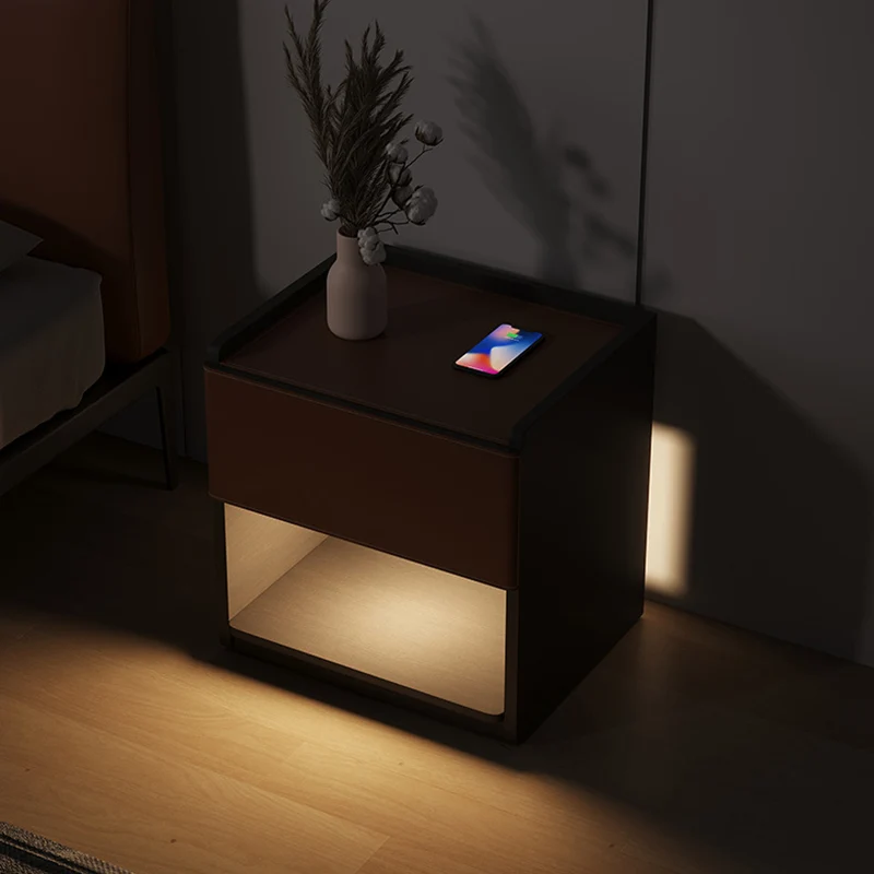 Modern Minimalist Saddle-Style Faux Leather & Plank Square Nightstand With Wireless Charging & 1-Drawer For Bedroom