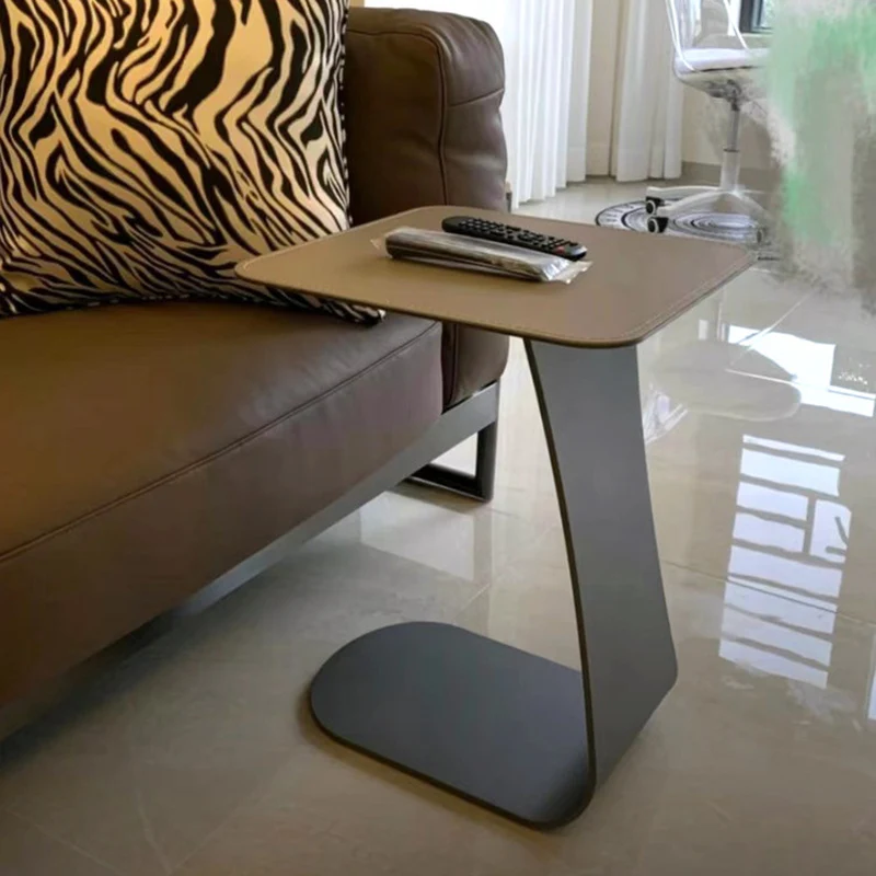 Modern Minimalist Saddle-Style Faux Leather & Carbon Steel Square Side Table For Living Room & Bedroom