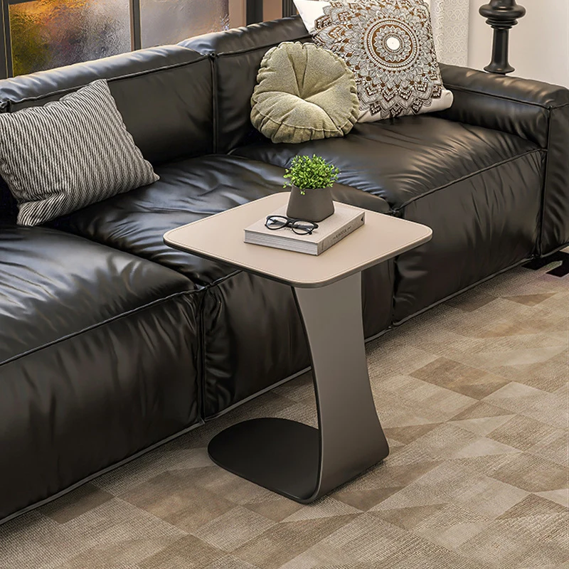 Modern Minimalist Saddle-Style Faux Leather & Carbon Steel Square Side Table For Living Room & Bedroom