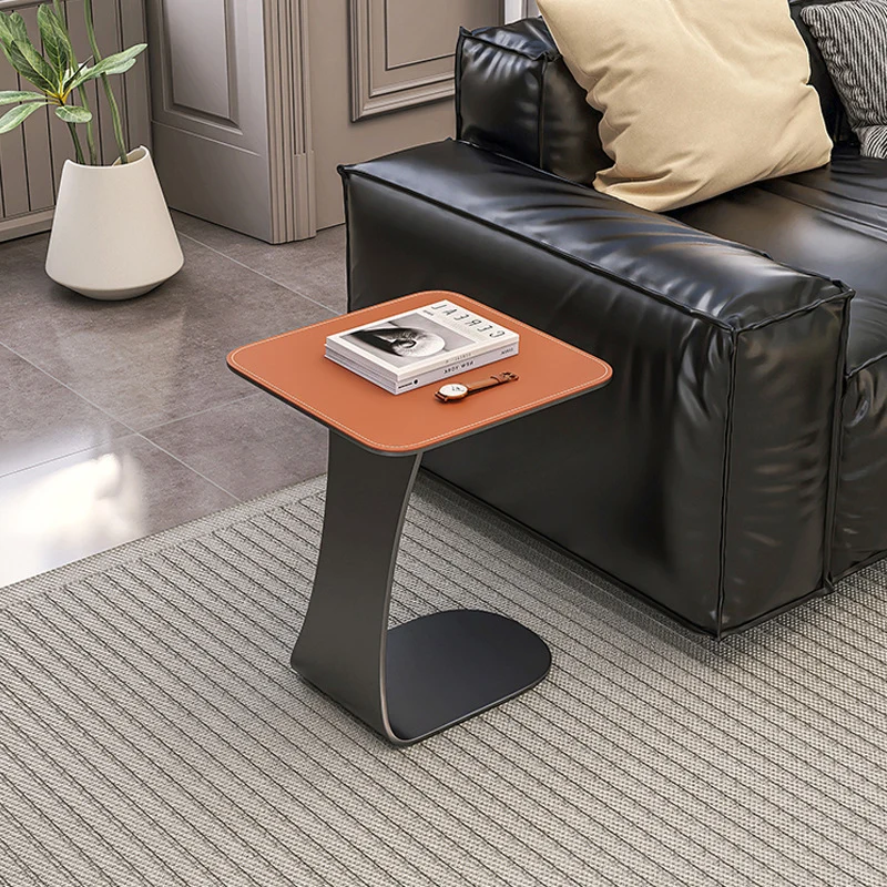 Modern Minimalist Saddle-Style Faux Leather & Carbon Steel Square Side Table For Living Room & Bedroom
