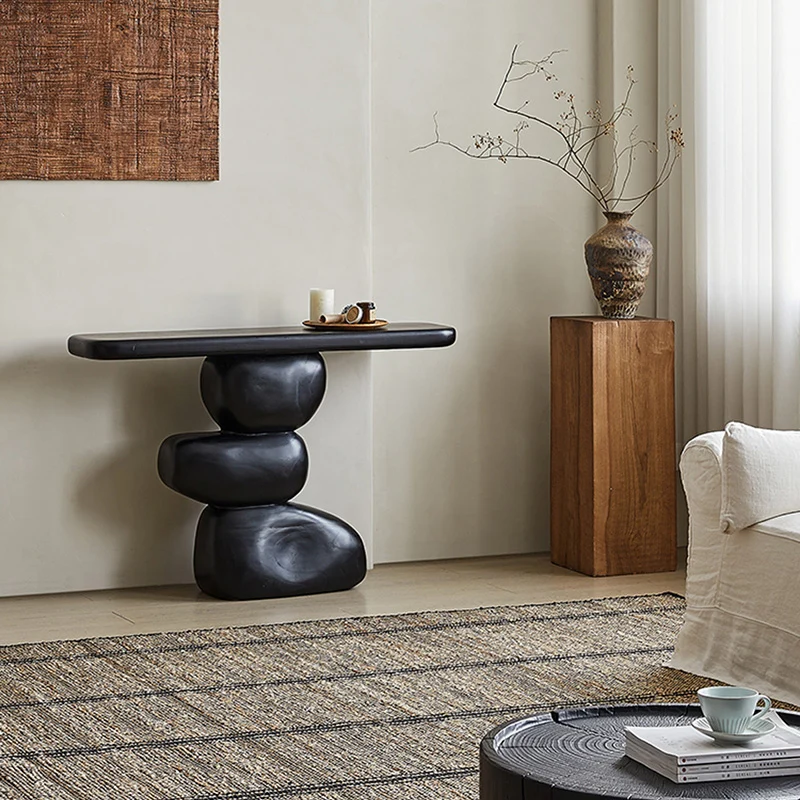 Traditional Vintage Pine Wood Irregular Round Rectangular Console Table For Entryway & Living Room