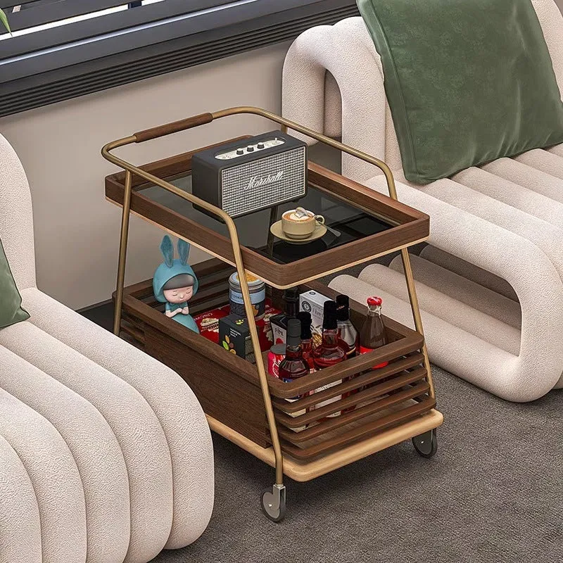 Modern Minimalist Ash Wood, Glass & Stainless Steel Rectangular Side Table With Wheels And 2-Tier Storage For Living Room & Bedroom