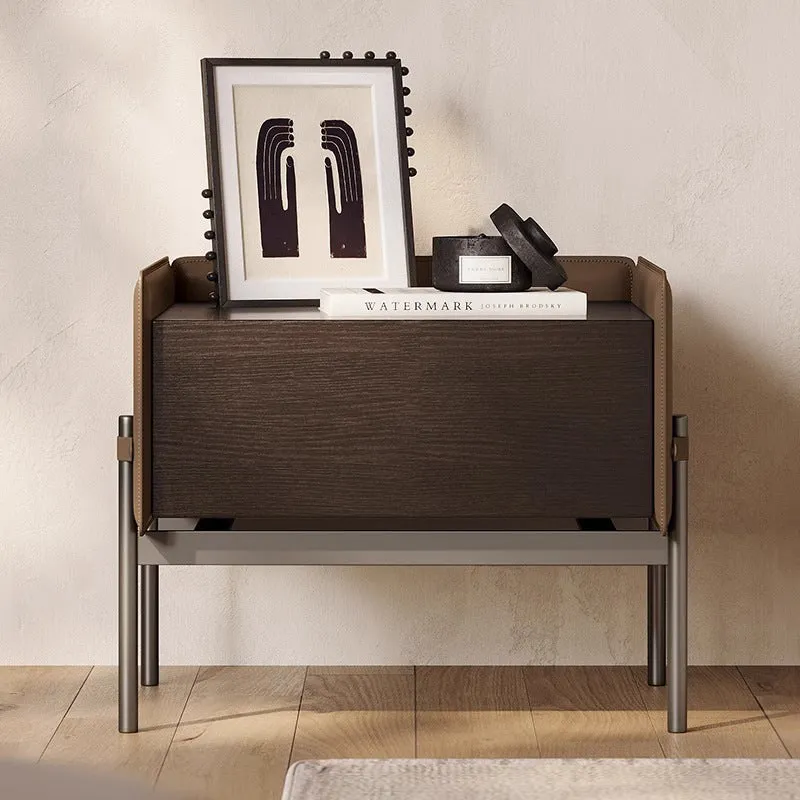 Modern Minimalist Wood, Metal & Saddle-Style Faux Leather Rectangular Nightstand With 1-Drawer For Bedroom & Living Room