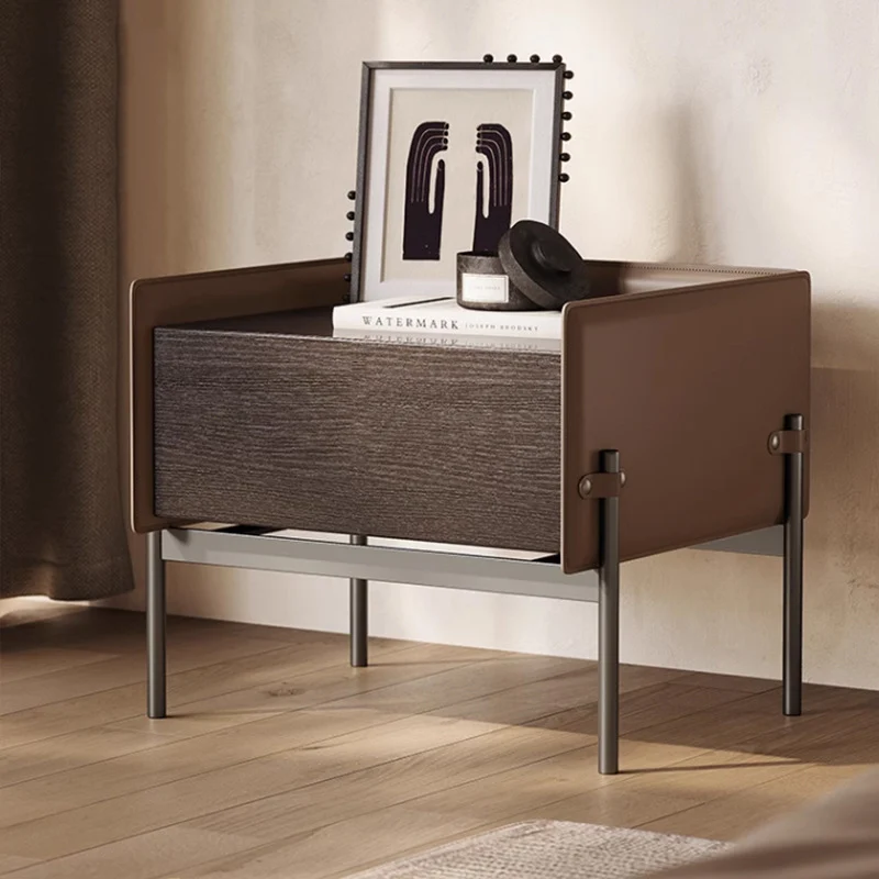 Modern Minimalist Wood, Metal & Saddle-Style Faux Leather Rectangular Nightstand With 1-Drawer For Bedroom & Living Room