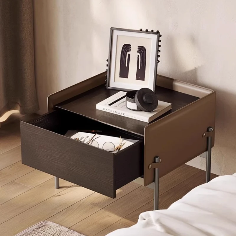 Modern Minimalist Wood, Metal & Saddle-Style Faux Leather Rectangular Nightstand With 1-Drawer For Bedroom & Living Room