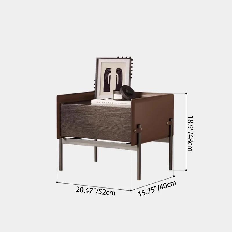 Modern Minimalist Wood, Metal & Saddle-Style Faux Leather Rectangular Nightstand With 1-Drawer For Bedroom & Living Room