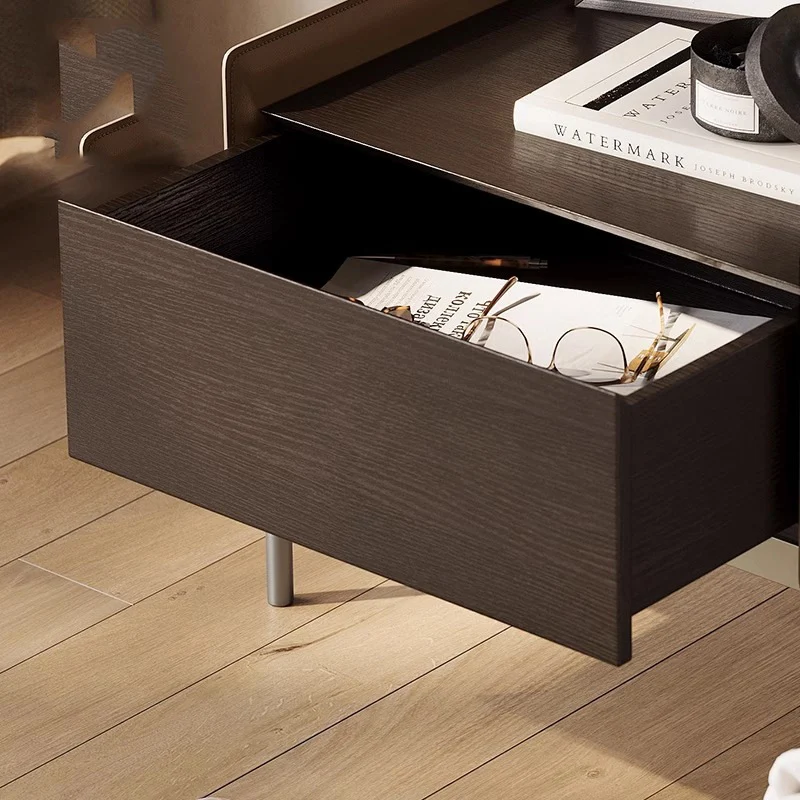 Modern Minimalist Wood, Metal & Saddle-Style Faux Leather Rectangular Nightstand With 1-Drawer For Bedroom & Living Room