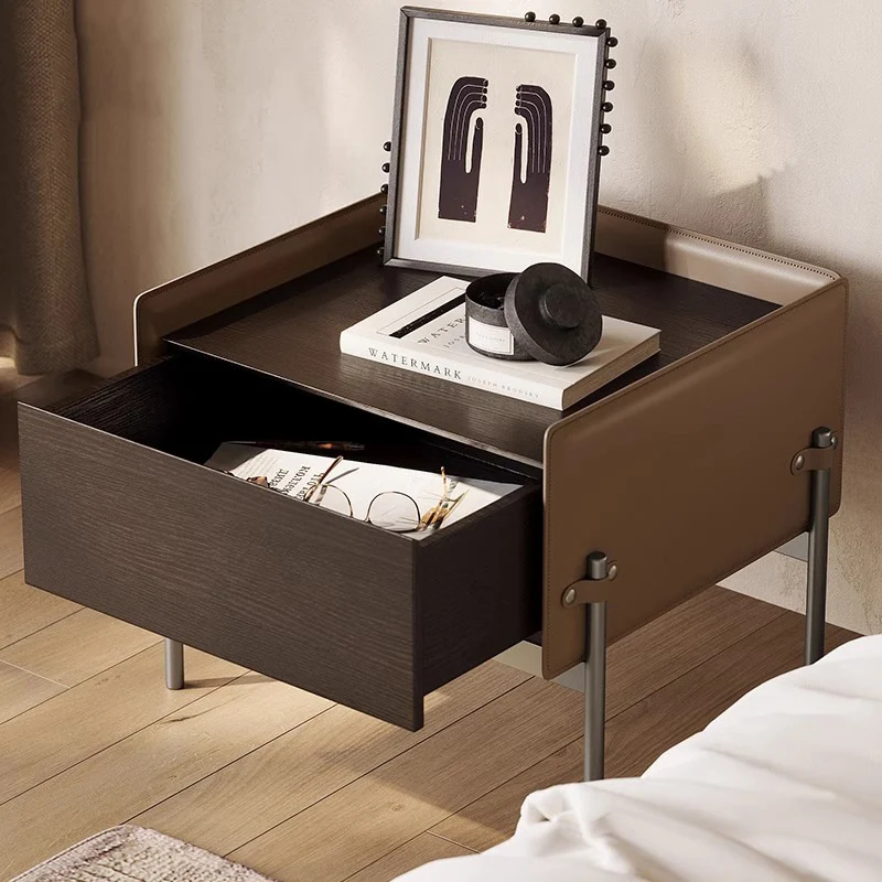 Modern Minimalist Wood, Metal & Saddle-Style Faux Leather Rectangular Nightstand With 1-Drawer For Bedroom & Living Room