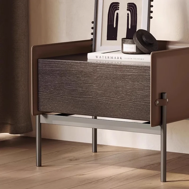 Modern Minimalist Wood, Metal & Saddle-Style Faux Leather Rectangular Nightstand With 1-Drawer For Bedroom & Living Room
