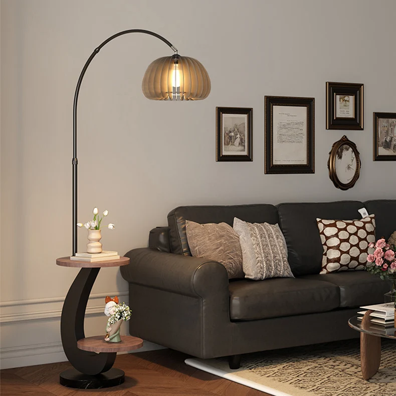 Contemporary Nordic Pumpkin Wood Lampshade Iron 1 - Light Standing Floor Lamp For Living Room