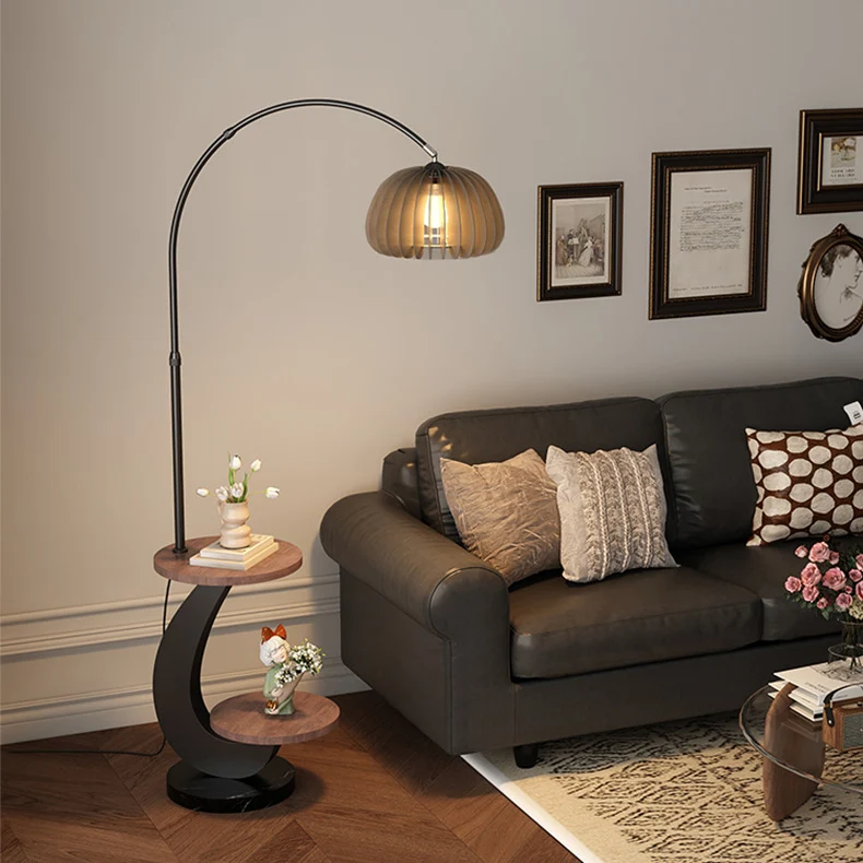 Contemporary Nordic Pumpkin Wood Lampshade Iron 1 - Light Standing Floor Lamp For Living Room