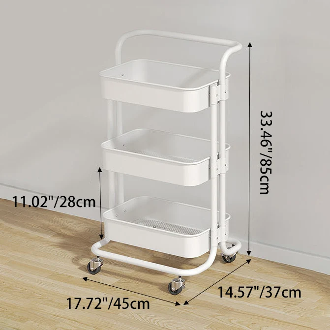 Contemporary Nordic Rectangular Carbon Steel Frame End Table Rolling Cart 3-Tier Storage Shelves For Living Room