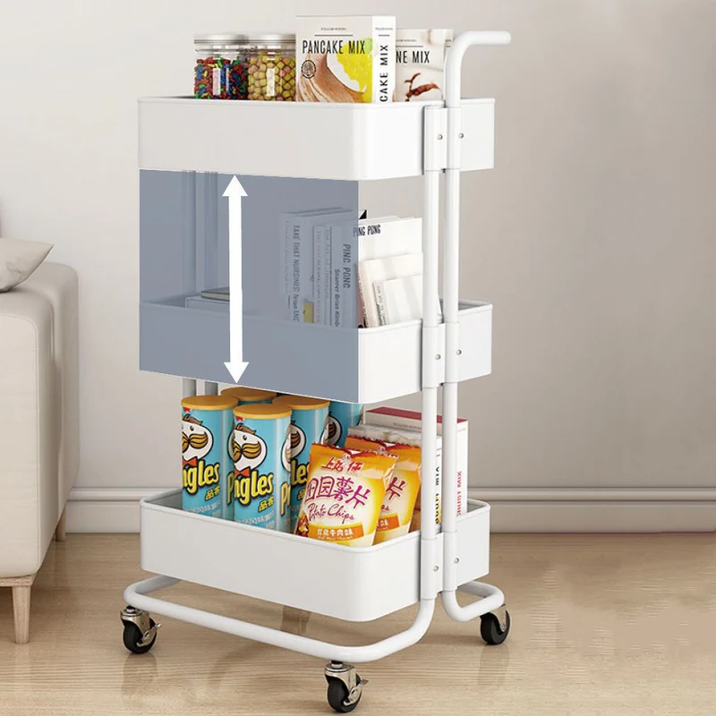 Contemporary Nordic Rectangular Carbon Steel Frame End Table Rolling Cart 3-Tier Storage Shelves For Living Room