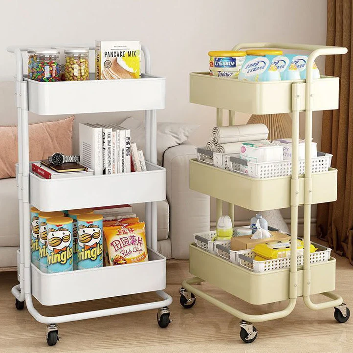 Contemporary Nordic Rectangular Carbon Steel Frame End Table Rolling Cart 3-Tier Storage Shelves For Living Room