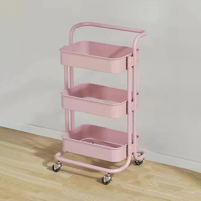 Contemporary Nordic Rectangular Carbon Steel Frame End Table Rolling Cart 3-Tier Storage Shelves For Living Room