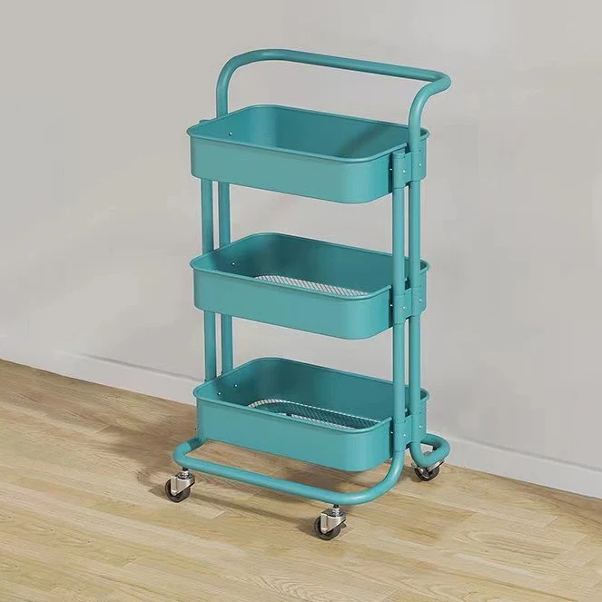 Contemporary Nordic Rectangular Carbon Steel Frame End Table Rolling Cart 3-Tier Storage Shelves For Living Room