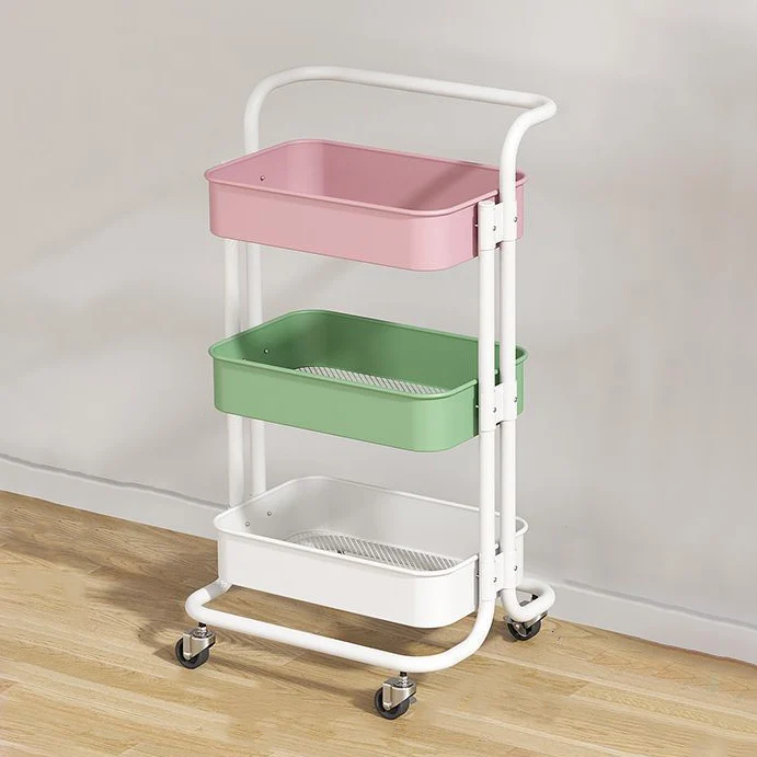 Contemporary Nordic Rectangular Carbon Steel Frame End Table Rolling Cart 3-Tier Storage Shelves For Living Room