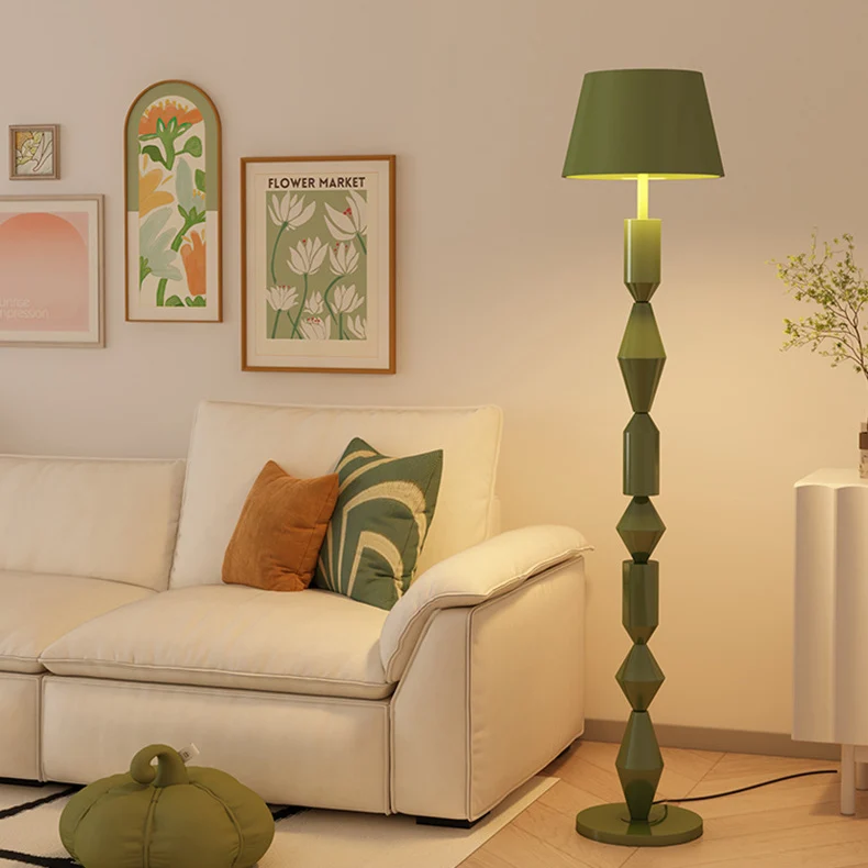 Contemporary Nordic Trapezoid Fabric Iron Lampshade Round Base 1 - Light Standing Floor Lamp For Living Room