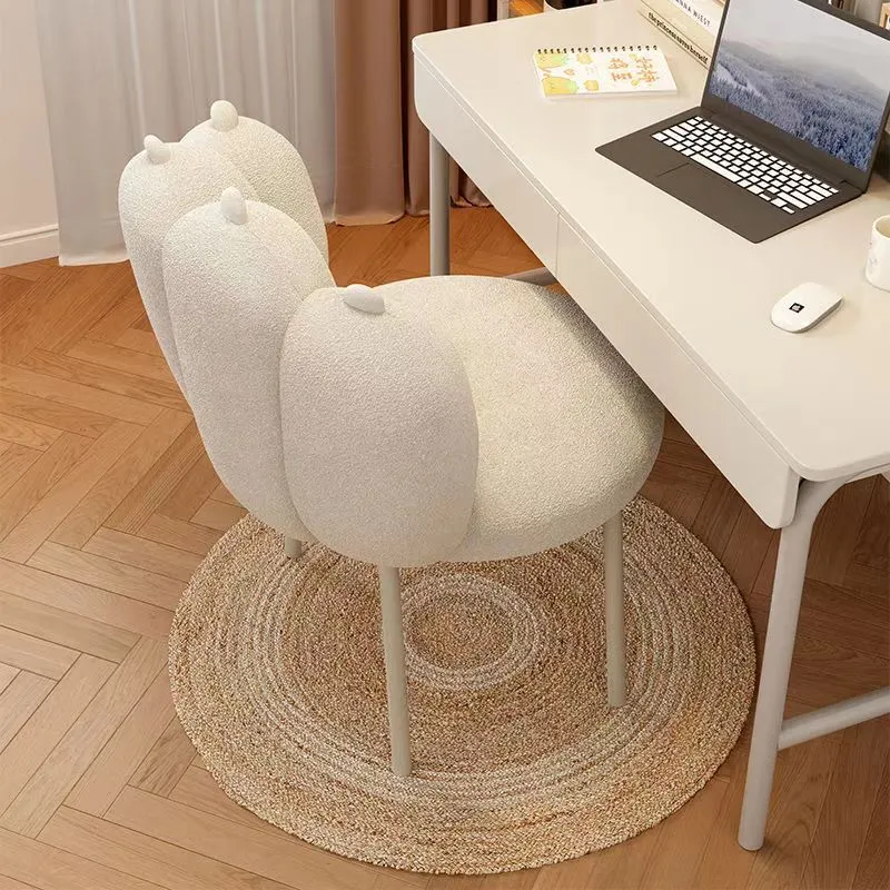 Contemporary Nordic Sherpa Fabric & Carbon Steel Cat-Paw Back Round Seat Vanity Stool For Bedroom & Living Room