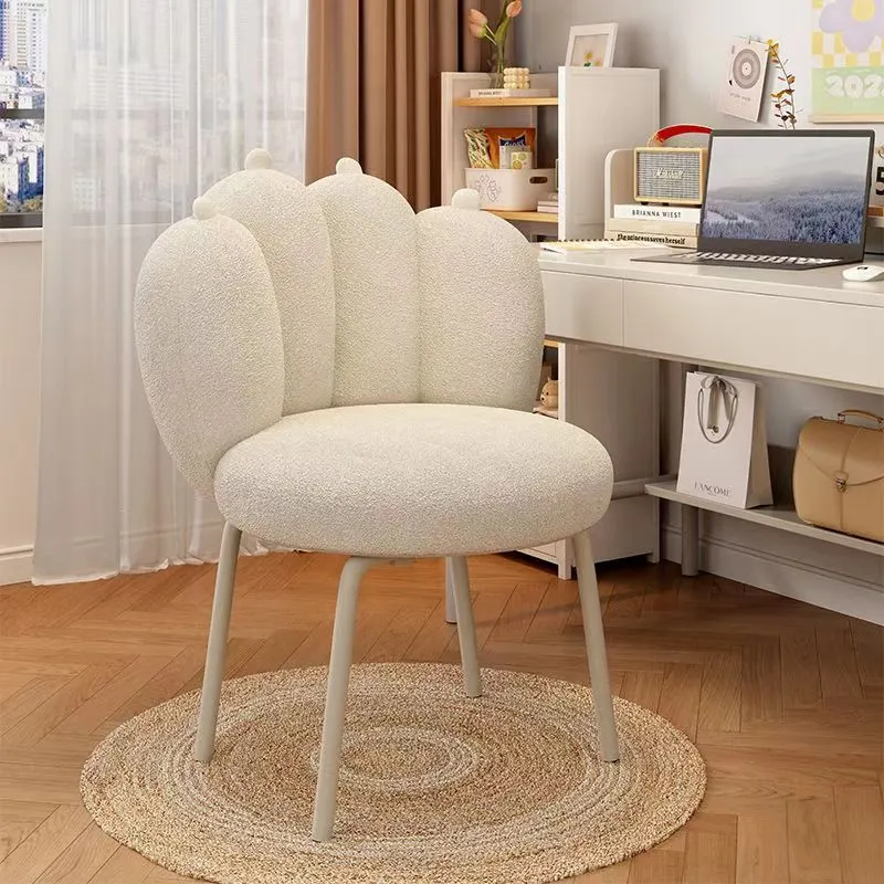 Contemporary Nordic Sherpa Fabric & Carbon Steel Cat-Paw Back Round Seat Vanity Stool For Bedroom & Living Room