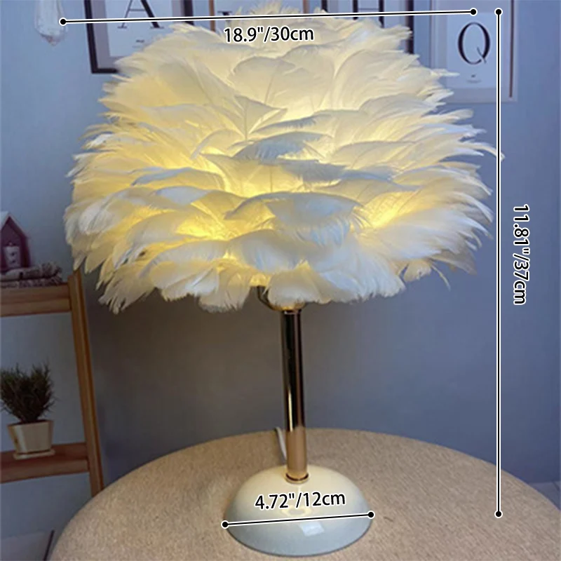 Contemporary Nordic Feather, Iron & Ceramic Round 1-Light Table Lamp For Bedroom And Living Room
