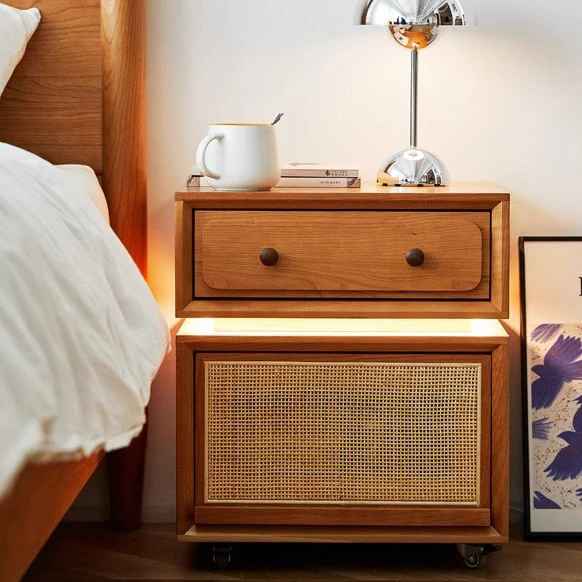 Modern Minimalist Cherry Wood Metal Robot-Shaped Nightstand With 2 Drawers For Bedroom