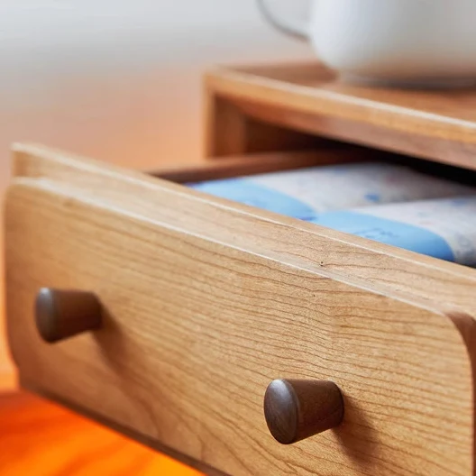 Modern Minimalist Cherry Wood Metal Robot-Shaped Nightstand With 2 Drawers For Bedroom