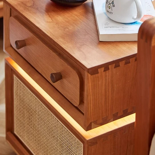 Modern Minimalist Cherry Wood Metal Robot-Shaped Nightstand With 2 Drawers For Bedroom