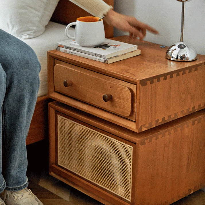 Modern Minimalist Cherry Wood Metal Robot-Shaped Nightstand With 2 Drawers For Bedroom