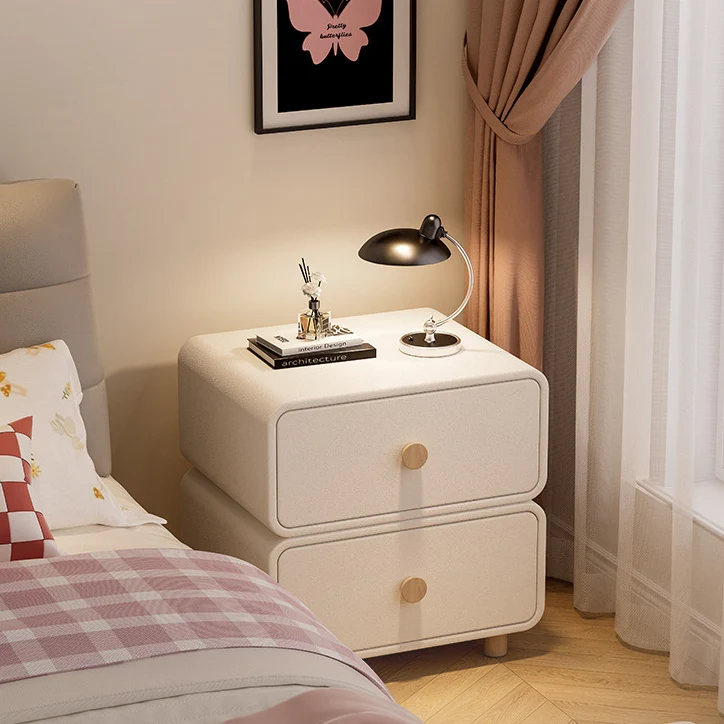 Traditional French Medium-Density Fiberboard Solid Wood Leather Rounded Nightstand With 2 Drawers For Bedroom