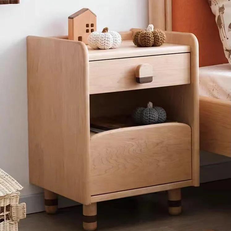 Contemporary Scandinavian Cherry Wood Rounded Rectangle Nightstand With 2 Tiers For Bedroom