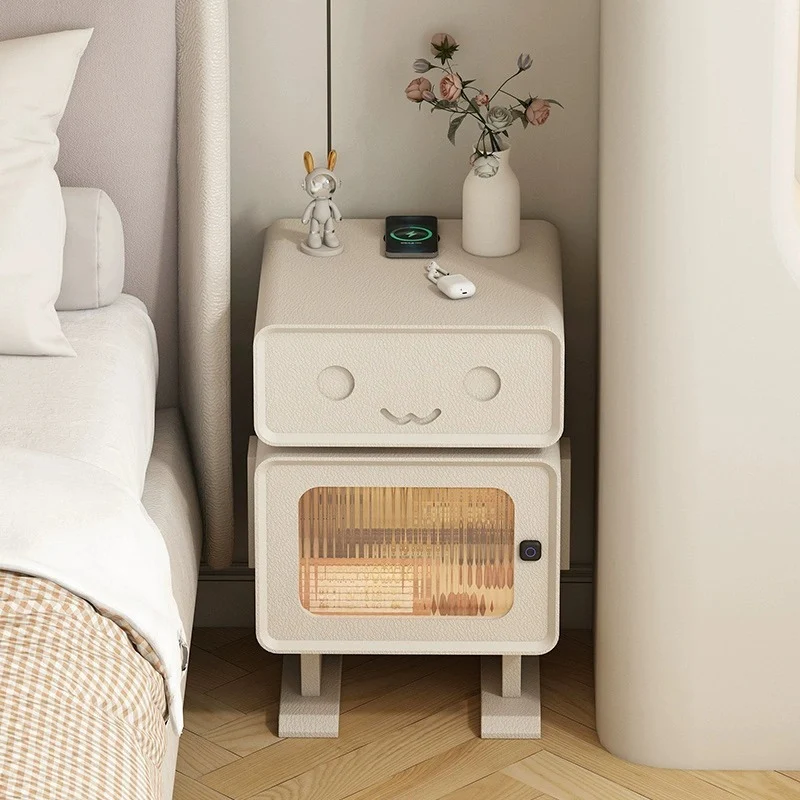 Contemporary Creative Leather Wood Glass Rounded Robot Side Table With 1 Drawer For Living Room