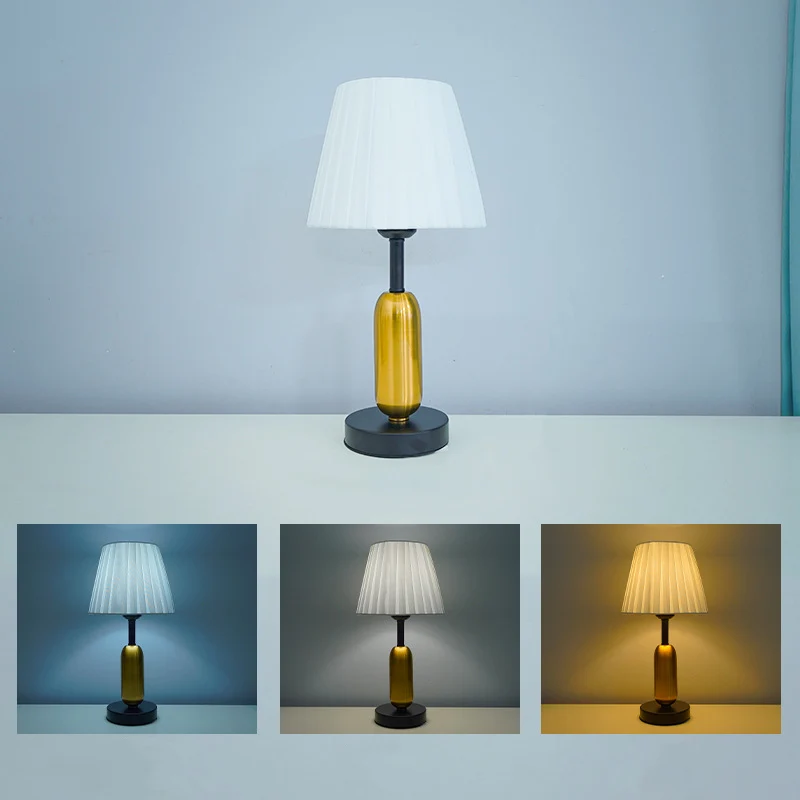 Contemporary Scandinavian Fabric Metal Fan-Shaped Round Cylinder LED Table Lamp For Bedroom