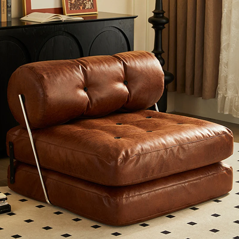 Traditional French Square Cylinder Foldable Faux Oil-waxed Leather Stainless Steel Doll Sponge Sofa Backrest Armless For Living Room