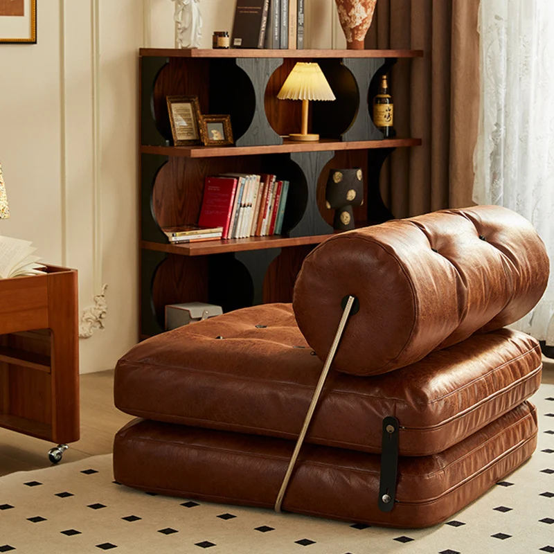 Traditional French Square Cylinder Foldable Faux Oil-waxed Leather Stainless Steel Doll Sponge Sofa Backrest Armless For Living Room