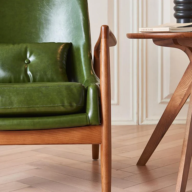 Contemporary Nordic Leather, Fabric & Wood Curved Accent Chair For Bedroom & Living Room