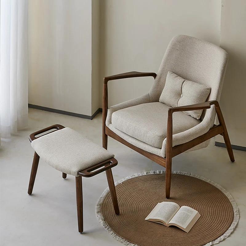 Contemporary Nordic Leather, Fabric & Wood Curved Accent Chair For Bedroom & Living Room
