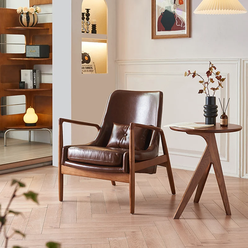 Contemporary Nordic Leather, Fabric & Wood Curved Accent Chair For Bedroom & Living Room