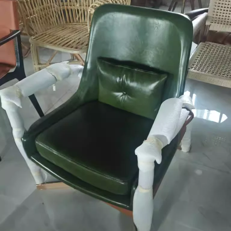 Contemporary Nordic Leather, Fabric & Wood Curved Accent Chair For Bedroom & Living Room