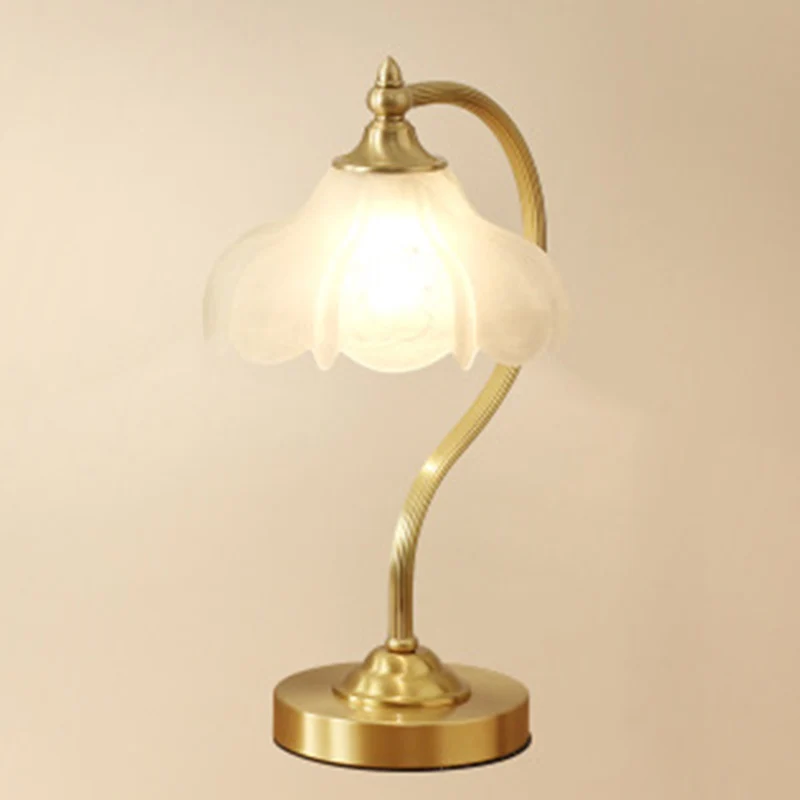 Traditional European Brass Glass Floral Shade Round Base 1-Light Table Lamp For Bedroom