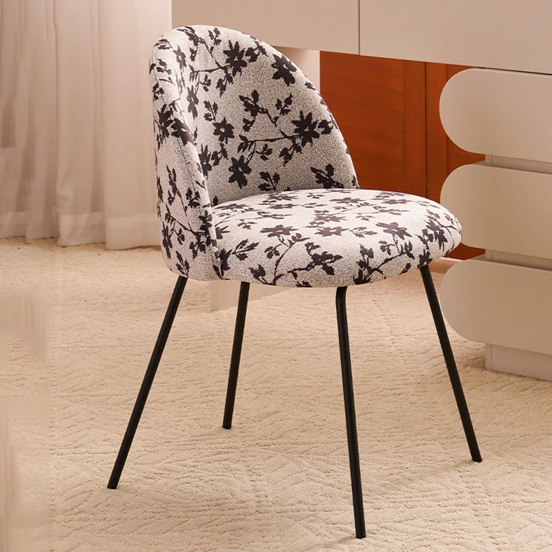 Contemporary Creative Curved Printed Fabric Upholstered Iron Legs Wood Board Vanity Stool Backrest For Bedroom