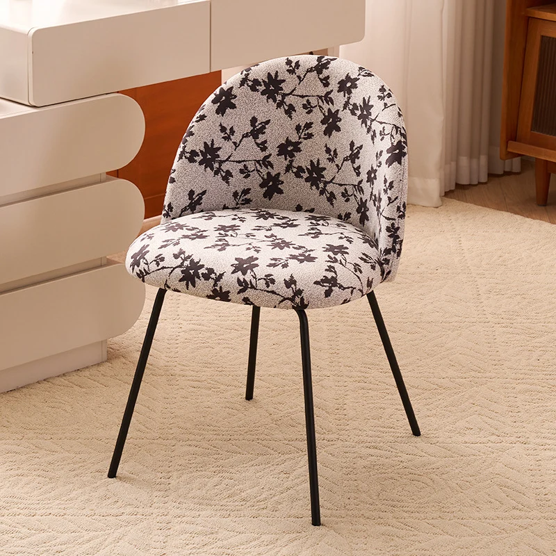 Contemporary Creative Curved Printed Fabric Upholstered Iron Legs Wood Board Vanity Stool Backrest For Bedroom